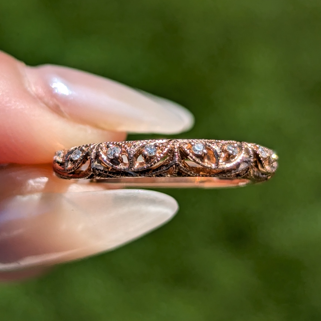 14k Rose Gold Filigree Floral Dome Diamond Ring